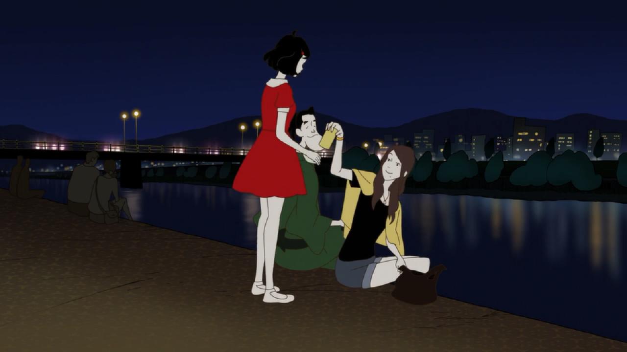 黑发少女河边饮酒